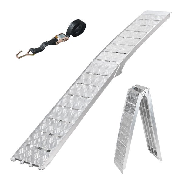 Klappbare Auffahrrampe aus Aluminium mit Profilstruktur und Spanngurt zum Verladen von Motorrädern oder Kleinfahrzeugen.