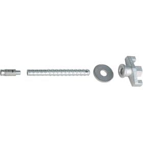 Set bestehend aus Schwerlastanker, Gewindestange, Unterlegscheibe und Mutter aus Metall zur Montage.