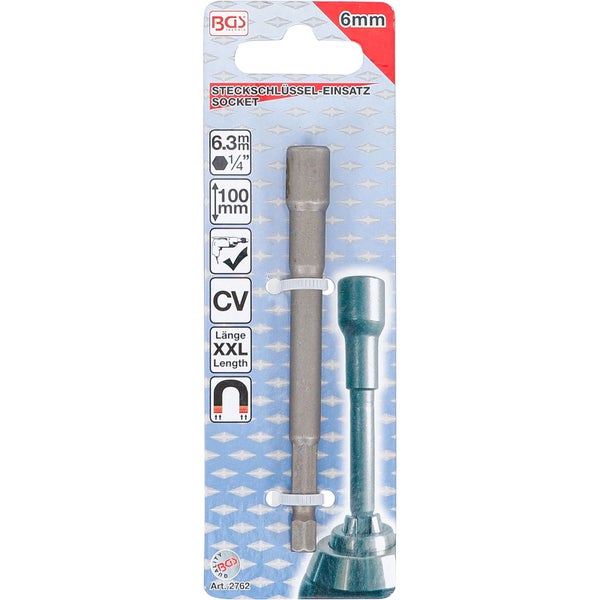 BGS Steckschlüssel-Einsatz Sechskant extra lang für Bohrmaschinen Antrieb Außensechskant 6,3 mm (1/4) SW 6 mm - 2762
