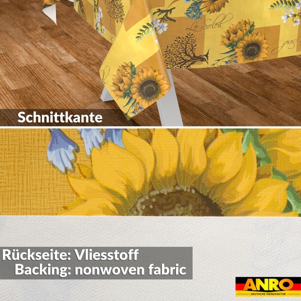 Tischdecke mit Sonnenblumenmuster, Detailansicht der Schnittkante und der Rückseite aus Vliesstoff, ANRO Logo.