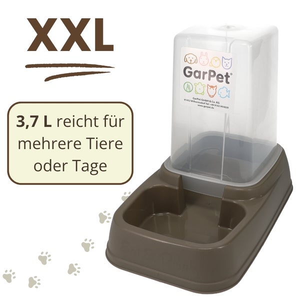 GarPet XXL Futterautomat oder Wasserspender aus Kunststoff für Haustiere, 3,7 Liter Kapazität für mehrere Tiere oder Tage, GarPet Logo.