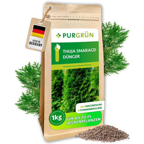 Purgrün Logo, Thuja Smaragd Dünger, 1 Kilogramm mit Magnesium und Tonmineralien für 25 Heckenpflanzen, produziert in Deutschland.
