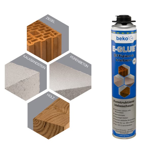 Beko E-GLUE Konstruktionsklebeschaum für Ziegel, Kalksandstein, Porenbeton und Holz in der Sprühdose
