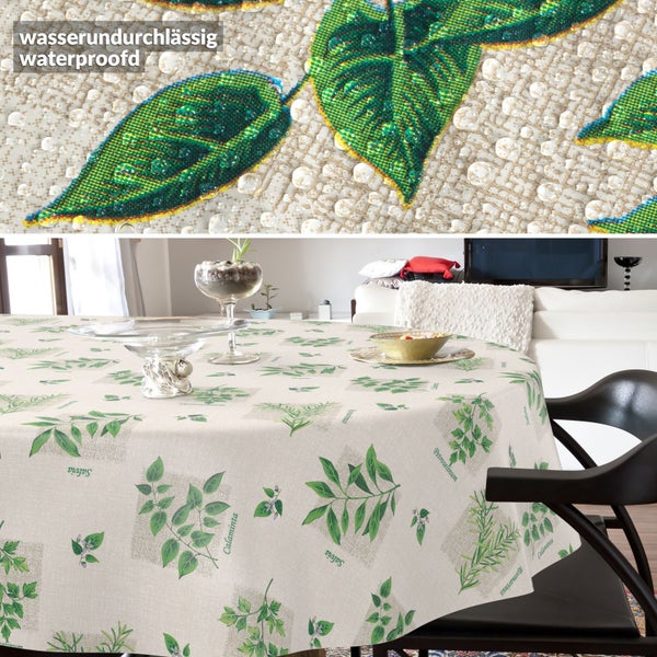 Wasserundurchlässige runde Tischdecke mit Kräutermuster und Detailansicht der wasserabweisenden Oberfläche.