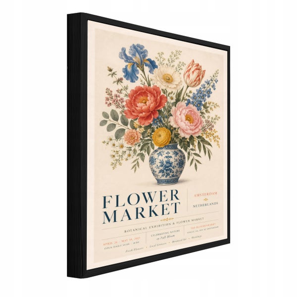 Gerahmtes Wandbild mit Blumenstrauß in einer Vase und Amsterdam Blumenmarkt Poster Design