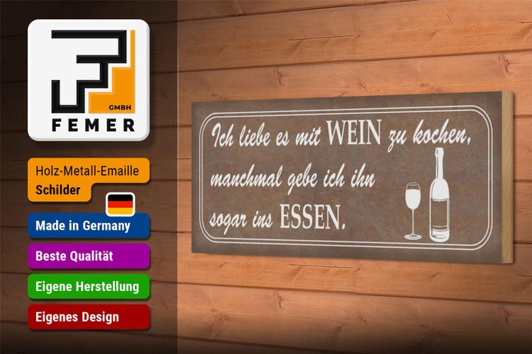 Holzschild Spruch 27x10cm ich liebe es mit Wein zu kochen