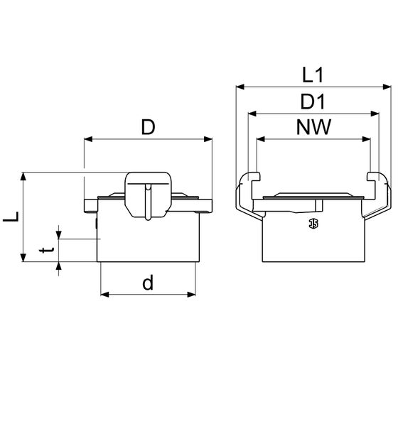 Maßzeichnung einer Schlauchkupplung mit Maßangaben für Durchmesser und Länge.