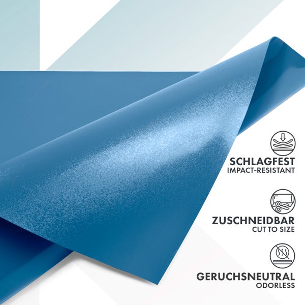 Blaue, schlagfeste, zuschneidbare und geruchsneutrale Schutzmatte aus Kunststoff.