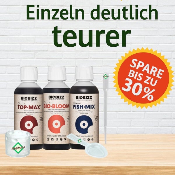 Biobizz Set mit Top-Max, Bio-Bloom, Fish-Mix, Pipette, Messlöffel und Weedness Logo Dose mit bis zu 30 Prozent Ersparnis.