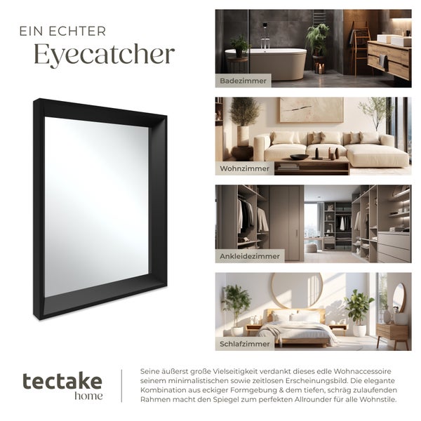 Rechteckiger Wandspiegel tectake Elina integrierte Befestigungshaken 40,6 x 3,8 x 50,8 cm schwarz