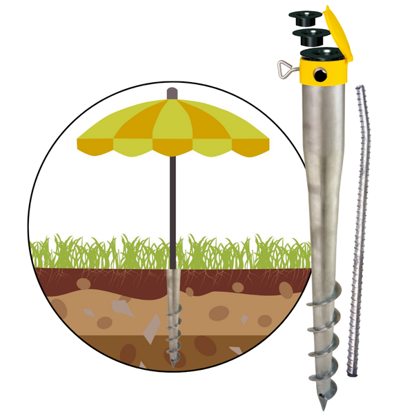 Bodendübel aus Metall für Sonnenschirme mit Eindrehstange und Adaptern sowie eine schematische Darstellung der Verankerung im Boden.