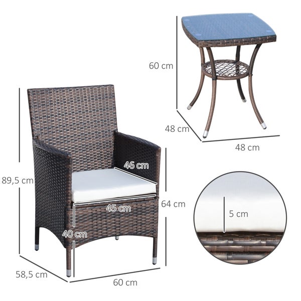 Outsunny 3-tlg. Gartenmöbel-Set, B60 x T58,5 x H89,5 cm, Metall, PE-Rattan, Polyester, Schaumstoff, braun