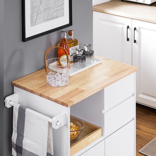 Küchenwagen mit Holzarbeitsplatte, Getränken, Eiswürfeln und Handtuch