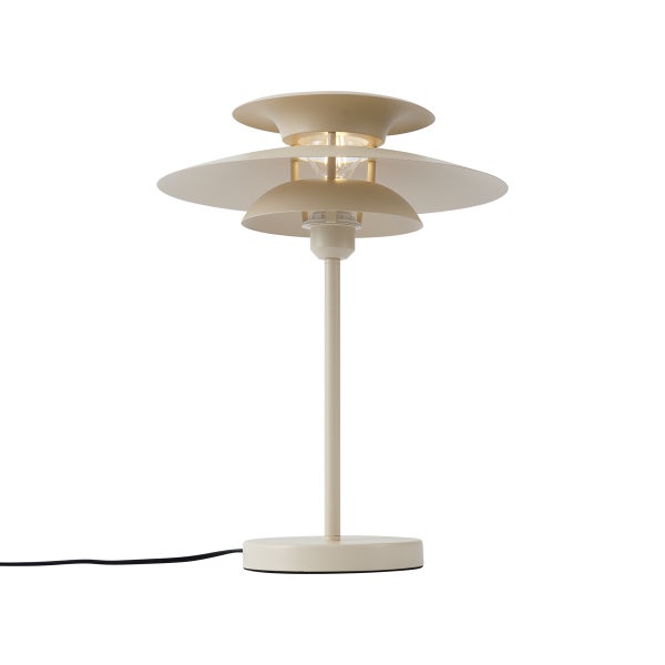 Moderne Tischleuchte aus Metall mit rundem Schirm in mehreren Ebenen, sandfarben, eingeschaltet