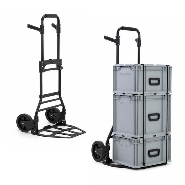 Klappbare Sackkarre aus schwarzem Metall, leer und beladen mit drei grauen Euroboxen, gesichert durch einen Spanngurt.