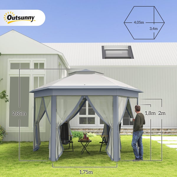 Outsunny Gartenpavillon Faltpavillon 4 x 4 m Pop-Up-Zelt Partyzelt inkl. Tragetasche 6 Seitenteile Doppeldach sechseckig Grau