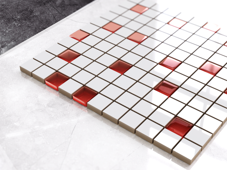 Quadratische Mosaikfliesen mit Glasakzenten