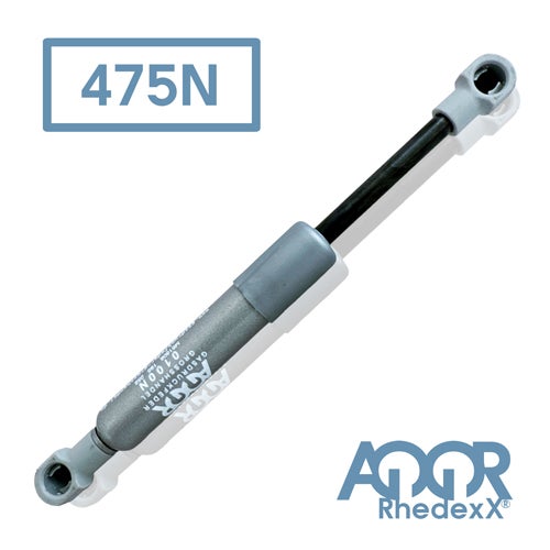Rhedexx Gasdruckfeder mit 475 Newton Druckkraft. Rhedexx Logo.