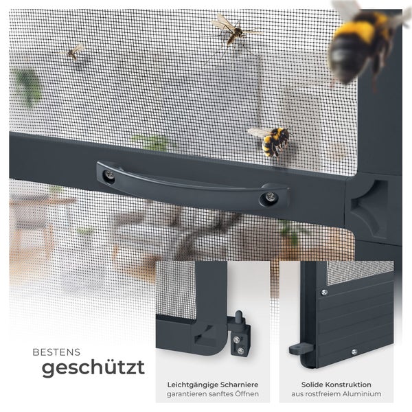 Fliegengittertür mit Griff, leichtgängigen Scharnieren und solider Aluminiumkonstruktion zum Schutz vor Insekten.