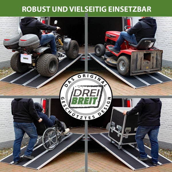 Mehrfachansicht von Laderampen im Einsatz mit Quad, Rasenmäher, Rollstuhl und Transportkiste