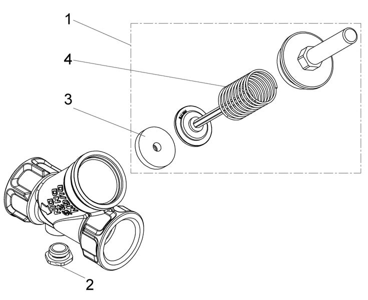 Explosionszeichnung eines Schrägsitzventils mit nummerierten Einzelteilen wie Feder, Dichtung und Ventilgehäuse.