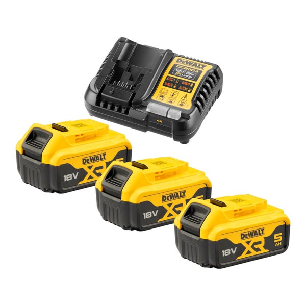 DeWalt Akku-Starter-Set mit drei 18 Volt 5 Amperestunden XR Lithium-Ionen Akkus und einem DCB1104 Ladegerät.
