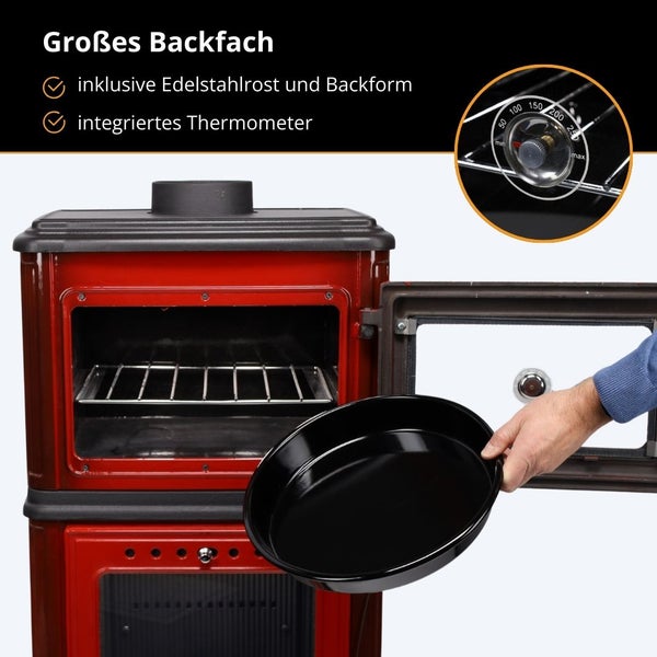 Küchenherd mit offenem Backfach, Edelstahlrost, runder Backform und integriertem Thermometer.