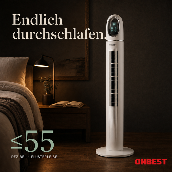 Onbest Turmventilator im dunklen Schlafzimmer, weniger als oder gleich 55 Dezibel für einen leisen Betrieb während der Nacht. Onbest Logo.