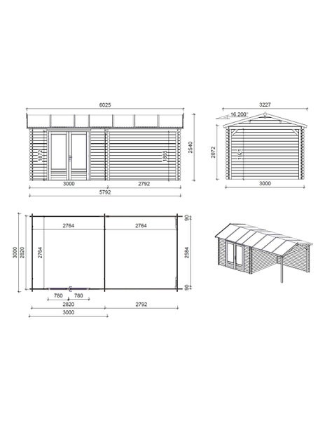 Technische Zeichnung und Grundriss eines Gartenhauses aus Holz mit Anbau inklusive Maßangaben in Millimetern und einer dreidimensionalen Ansicht.