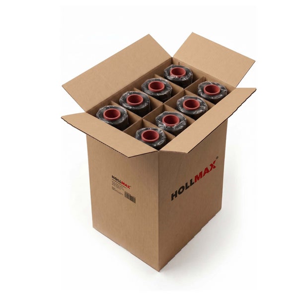 Geöffneter Pappkarton mit einzeln verpackten Rollen schwarzer Folie auf roten Kernen, HOLLMAX Logo.