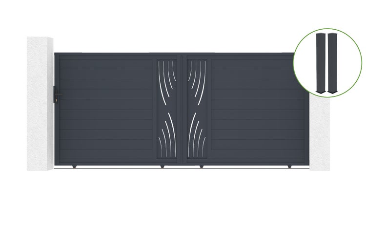 Schiebetor 4m VELETA H.180cm graues Aluminium + 2 Pfosten 20x20cm H.190cm