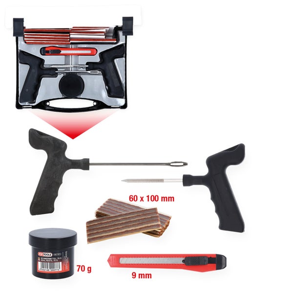 Reifenreparaturset mit Werkzeugen, Dichtmittel und Flicken