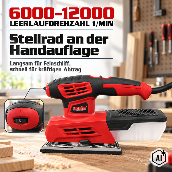 Hecht Schwingschleifer mit einstellbarer Leerlaufdrehzahl von 6000 bis 12000 Umdrehungen pro Minute und Stellrad zur Drehzahlregulierung.