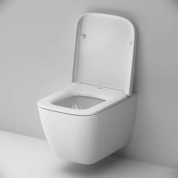 Weißes Wand-WC aus Keramik mit offenem Deckel.