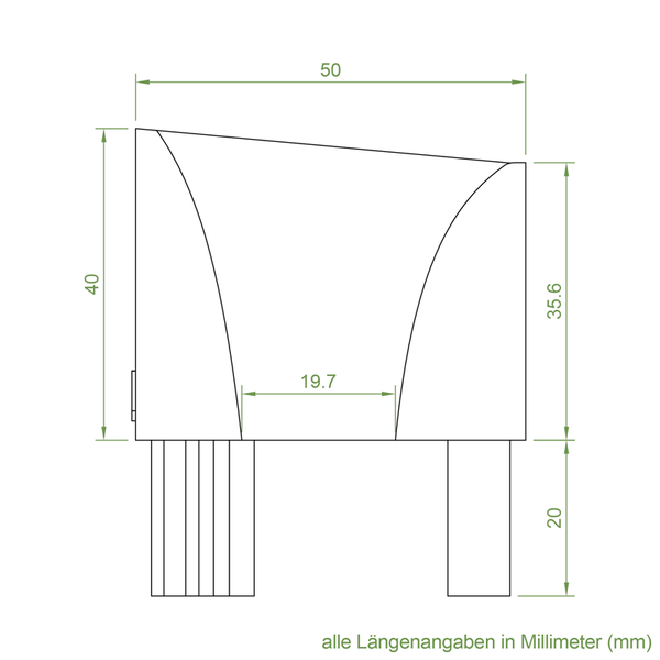 Technische Zeichnung mit Maßangaben eines Bauteils in Millimeter zur Veranschaulichung der Produktabmessungen.