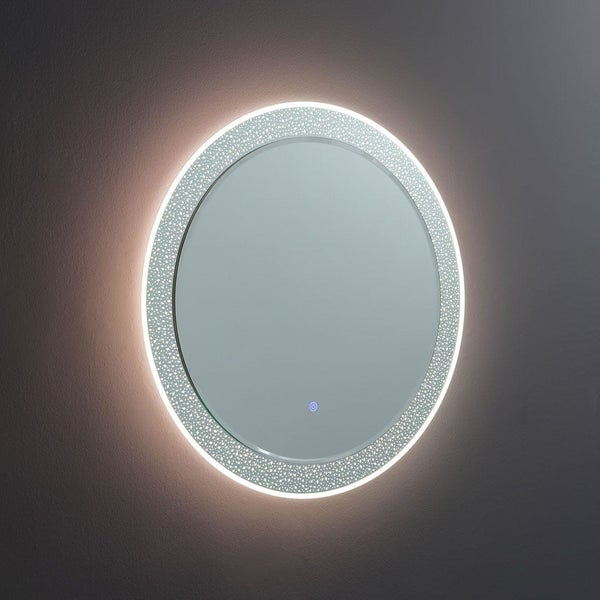 Ovaler Badezimmerspiegel mit integrierter LED-Beleuchtung, Sterneneffekt-Rahmen und Touch-Sensor.