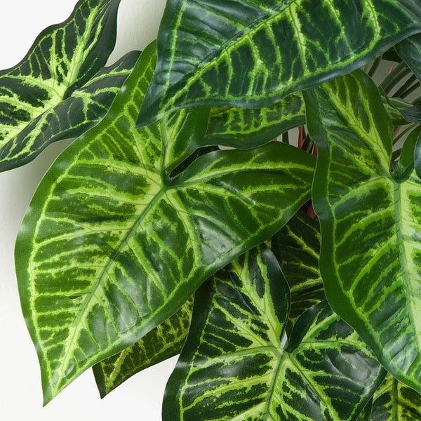 Künstliche Pflanze Syngonium Detailansicht der Blätter in Grün und Hellgrün.