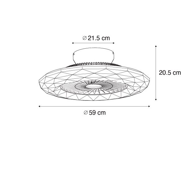 Technische Zeichnung eines Deckenventilators mit Leuchte, Durchmesser 59 Zentimeter, Höhe 20,5 Zentimeter, Halterung 21,5 Zentimeter Durchmesser.