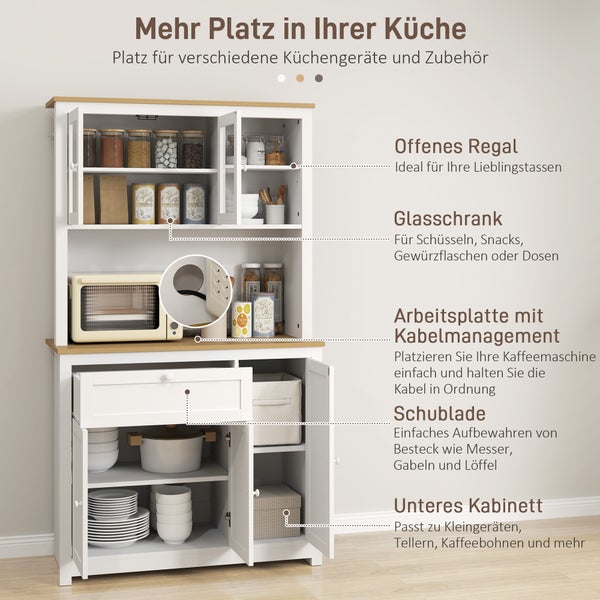 HOMCOM Küchenschrank, Küchenbuffet mit Schublade, Mehrzweckschrank mit 2 Offenen Ebenen, 3 Schränken, Vitrinenschrank mit Tischplatte für Wohnzimmer, Weiß, 100 x 40 x 180 cm