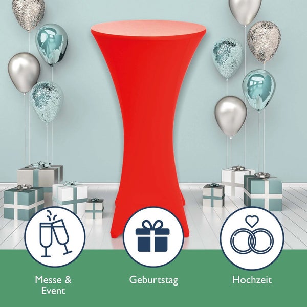 Stehtisch mit roter Husse, Ballons und Geschenke für Messe, Geburtstag und Hochzeit