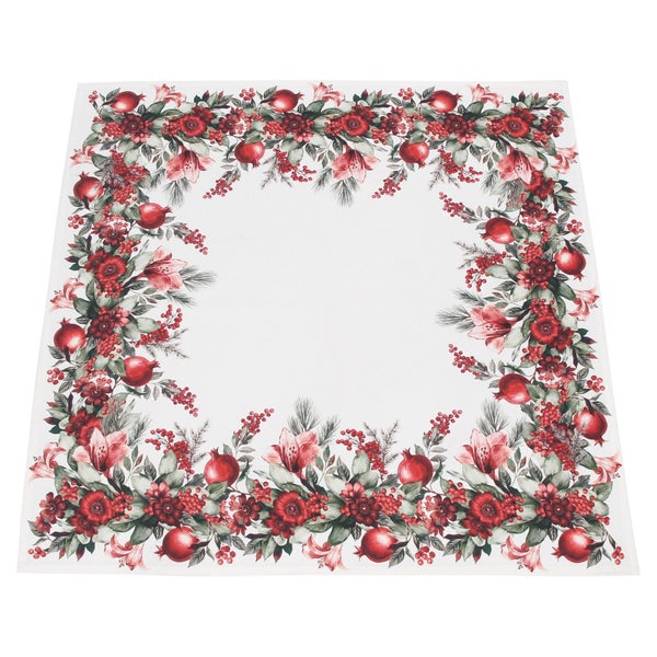 Quadratische Tischdecke mit weihnachtlichem Blumen und Granatapfel Motiv als umlaufender Rand.