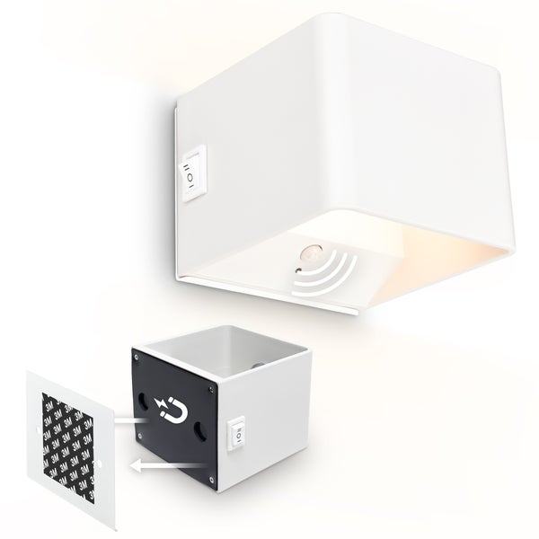 Quadratische LED Wandleuchte mit Bewegungssensor, Schalter, Magnetbefestigung und 3M Logo auf dem Klebestreifen.