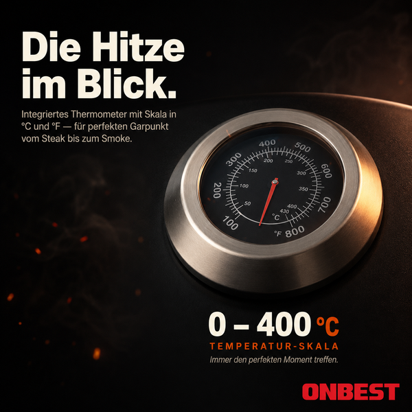 Integriertes Grillthermometer mit einer Skala von 0 bis 400 Grad Celsius und 0 bis 800 Grad Fahrenheit, ONBEST Logo.