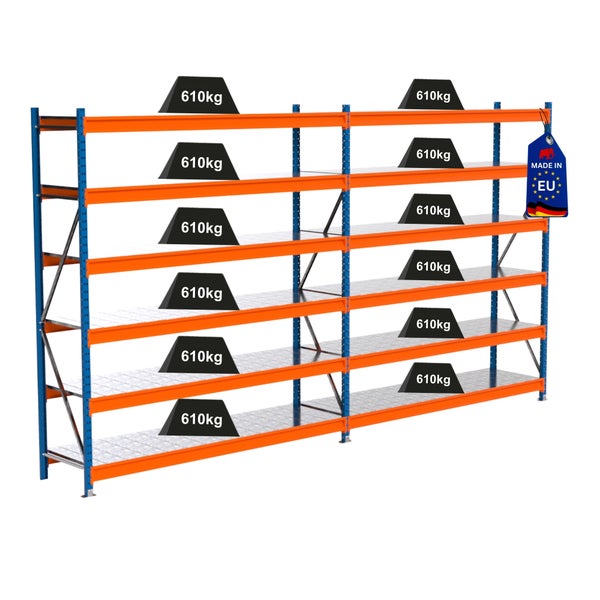 Regal mit einer Traglast von 610 Kilogramm pro Ebene und dem Made in EU Siegel