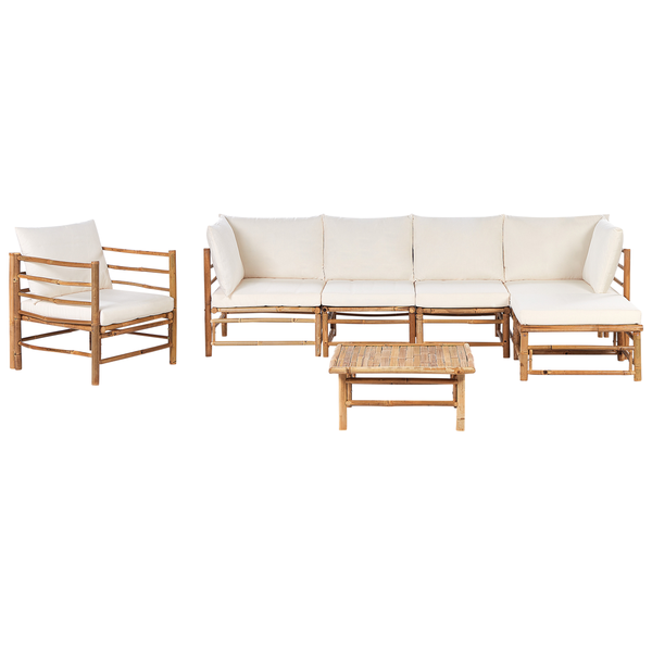 Lounge Set mit Tisch 6-Sitzer CERRETO linksseitig Bambusholz Cremeweiß