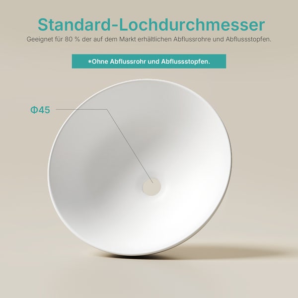 Weißes Aufsatzwaschbecken mit Standard-Lochdurchmesser von 45 Millimetern, geeignet für achtzig Prozent der Abflussrohre und Abflussstopfen.