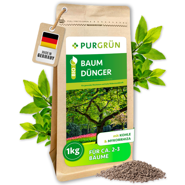 Purgrün Bio Baumdünger, 1 Kilogramm, organischer Dünger für circa 2 bis 3 Bäume mit Kohle und Mykorrhiza, hergestellt in Deutschland, Purgrün Logo.
