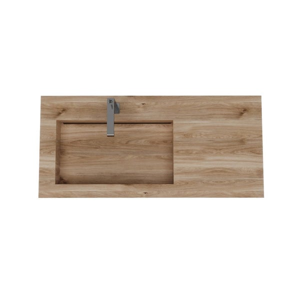 Waschtischplatte in Holzoptik mit integriertem Waschbecken und Armatur, Draufsicht.