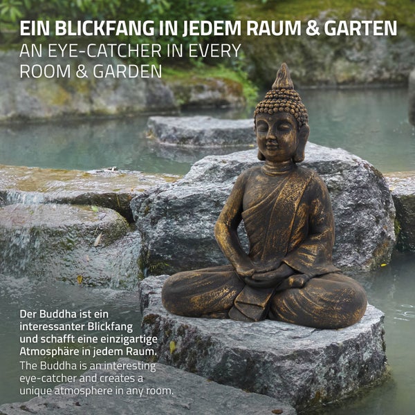 ECD Germany Buddha Figur sitzend, 50cm hoch, aus wetterfestem Polyresin, Bronze, Feng Shui, Buddha Statue als Dekoration für Haus, Wohnung & Garten Gartenfigur Dekofigur, Skulptur für Innen und Außen