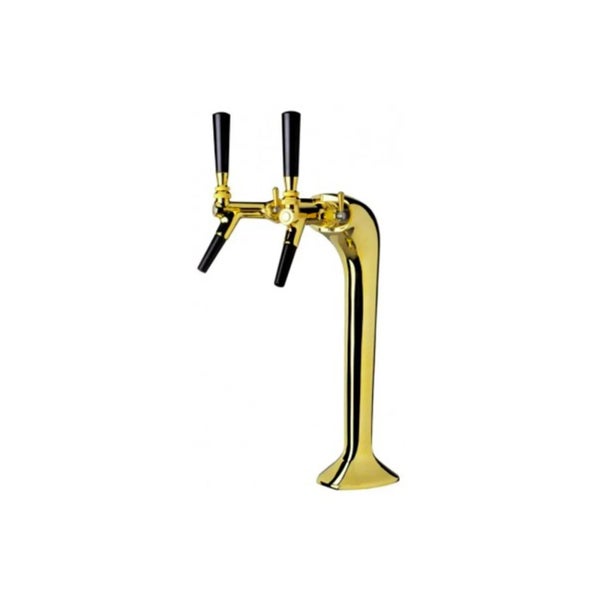 Zweileitige Biersäule aus goldfarbenem Metall mit schwarzen Zapfgriffen.